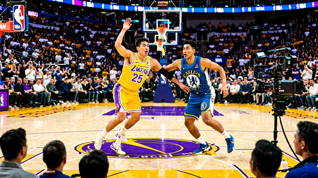 NBA常规赛湖人对阵勇士激烈比赛现场